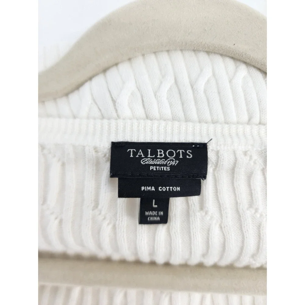 Talbots Petites White Pima Cotton Cable Knit V-Neck Button Front Cardigan L